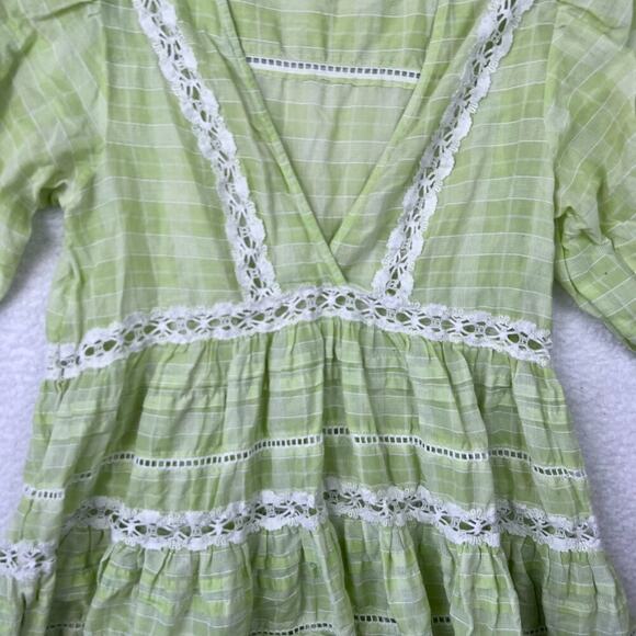Free People Boho Cottage Core Blouse Time Out Lace Plaid Lime Tunic Top XS - Picture 2 of 5